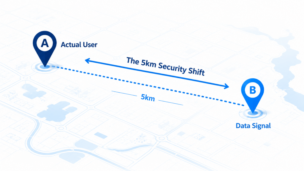 A clean white and blue map-style visual showing two location pins labeled Actual User and Data Signal, separated by a dotted 5km distance line and an arrow labeled “The 5km Security Shift.”