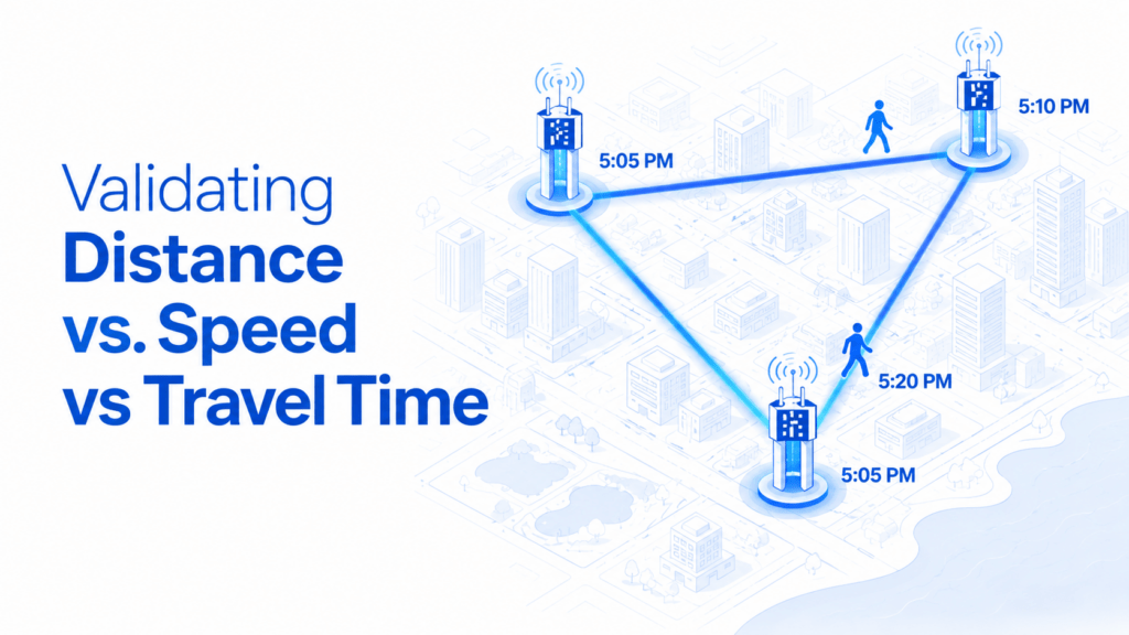 Location intelligence visual showing an abstract city map with three connected signal towers, glowing route lines, walking-user icons, and timestamps such as 5:05 PM, 5:10 PM, and 5:20 PM. The left side features the title “Validating Distance vs. Speed vs Travel Time.”