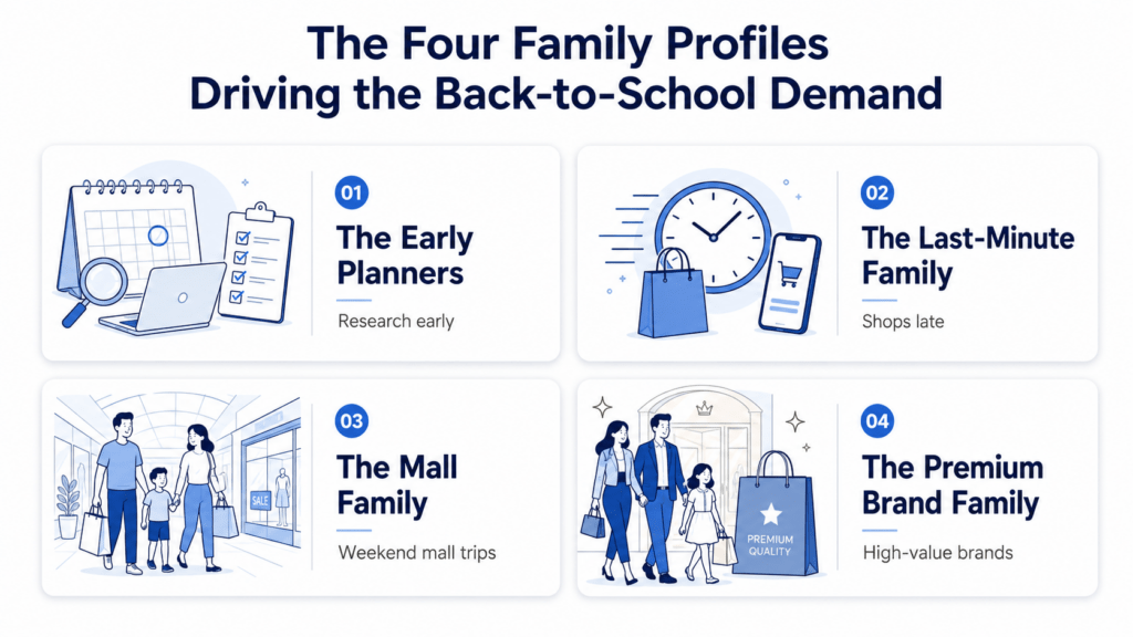A clean white and blue infographic titled “The Four Family Profiles Driving the Back-to-School Demand.” The visual shows four cards with simple line-art illustrations representing Early Planners, Last-Minute Family, Mall Family, and Premium Brand Family.
