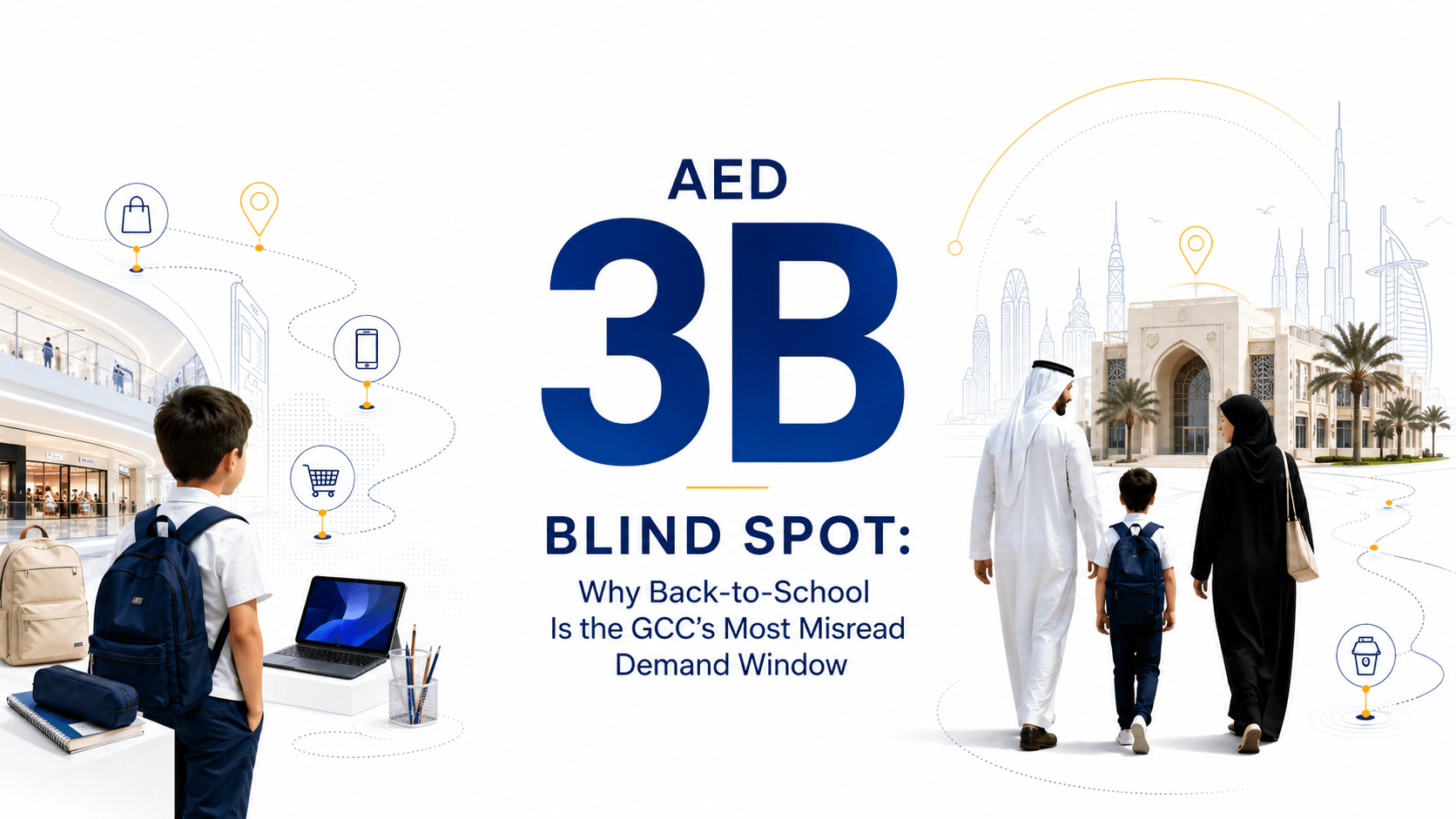 A visual showing the “AED 3B Blind Spot” back-to-school opportunity in the GCC. The center features bold blue typography, while the left shows a child near school-shopping items and a mall setting, and the right shows a GCC family walking toward a school with subtle Dubai/GCC skyline and location intelligence path markers.