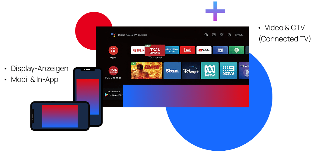 Smart-TV- und mobile Geräteoberflächen mit Streaming-Apps, die geräteübergreifende Werbeplatzierungen darstellen.