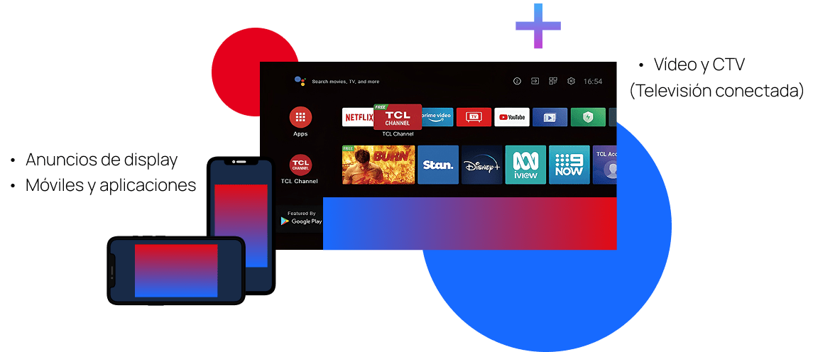 Dispositivos conectados que muestran una interfaz de Smart TV con aplicaciones de streaming y pantallas de móviles.