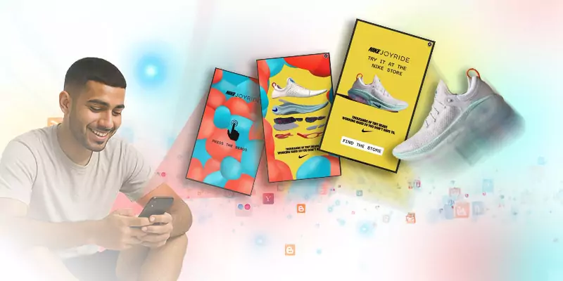 A user interacting with a smartphone while dynamic, AI-driven ad creatives and product visuals emerge from the screen, illustrating creative intelligence and personalized digital advertising.