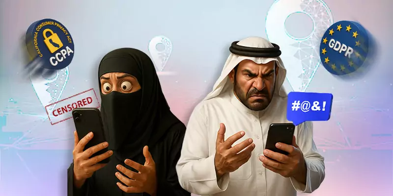 Illustration showing a Middle Eastern man and woman reacting to restricted mobile content, with visual references to GDPR and CCPA, highlighting cultural sensitivities and regulatory compliance in digital advertising.