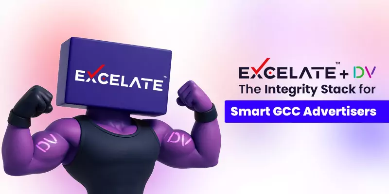 Illustration showing Excelate plus DV integrity stack, featuring a strong character with an Excelate logo head and messaging about smart GCC advertising integrity.