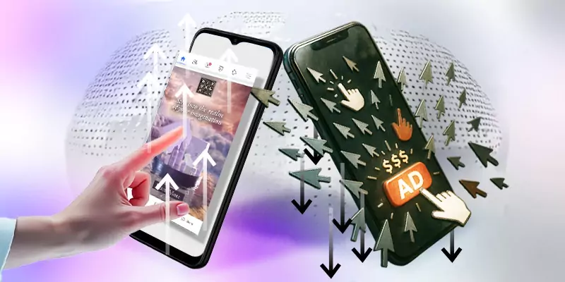 Mobile advertising visualization showing a user interacting with an ad on a smartphone, with arrows indicating targeting, engagement, and ad delivery flows across devices.