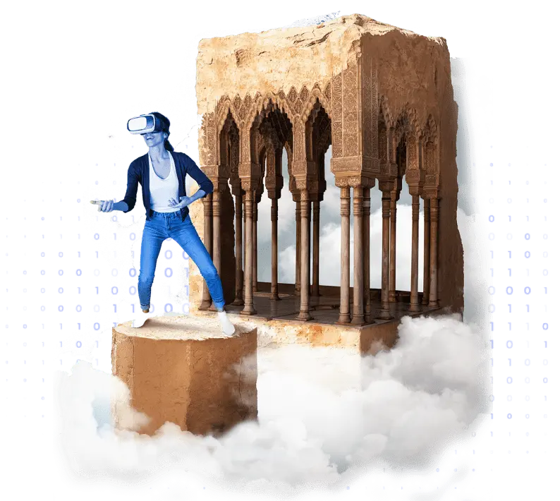 Person in VR headset on a floating architectural platform amid clouds with virtual token icons, illustrating Web3 blockchain solutions.
