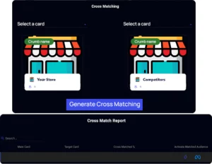 Cross-matching interface showing two selectable cards for “Your Store” and “Competitors,” with a button to generate cross matching and a report section below for analyzing overlapping audiences.