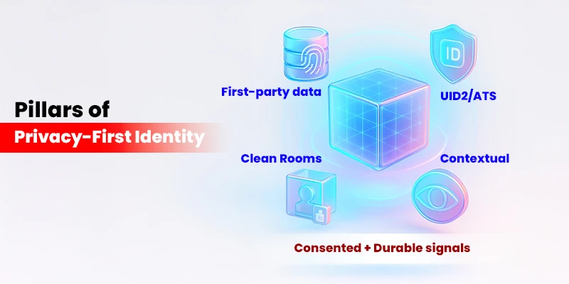 Identity matrix graphic featuring First-party data, UID2/ATS, Clean Rooms, and Contextual targeting, with caption “consented + durable signals.”