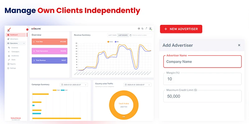 Excelate DSP dashboard showing campaign metrics, revenue summary, traffic insights, and an interface to add new advertisers.