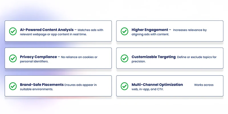 Contextual targeting visual showing Excelate DSP analyzing webpage and app content in real time to serve privacy-safe, relevant ads across web, app, and CTV.