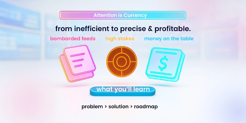 Visual split bar with tagline “attention is currency,” blurred background of social, streaming, and web feeds, and central overlay text “from inefficient to precise & profitable,” with callouts and CTA chip.