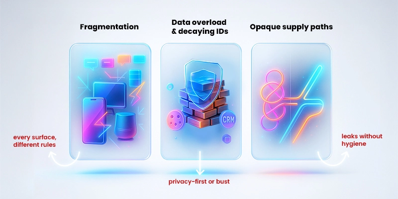 Three-panel visual showing fragmentation across devices, data overload with privacy shields, and opaque supply paths compared to clean SPO routes.
