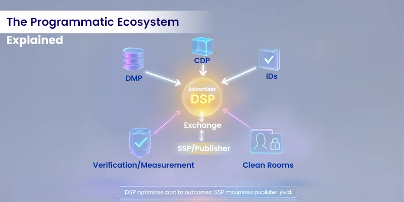 Ecosystem map showing Advertiser/DSP ↔ Exchange ↔ SSP/Publisher, with data sources above (DMP, CDP, IDs) and verification, clean rooms, and measurement tools below.