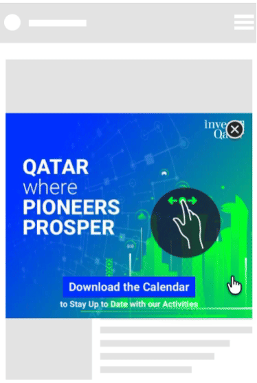 Animated mobile ad showcasing a Qatar technology initiative, highlighting innovation growth visuals and a call-to-action to download an events calendar.