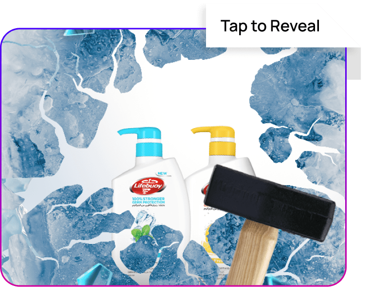Tap-to-reveal interactive ad showing Lifebuoy products emerging through a cracked ice effect with a hammer.