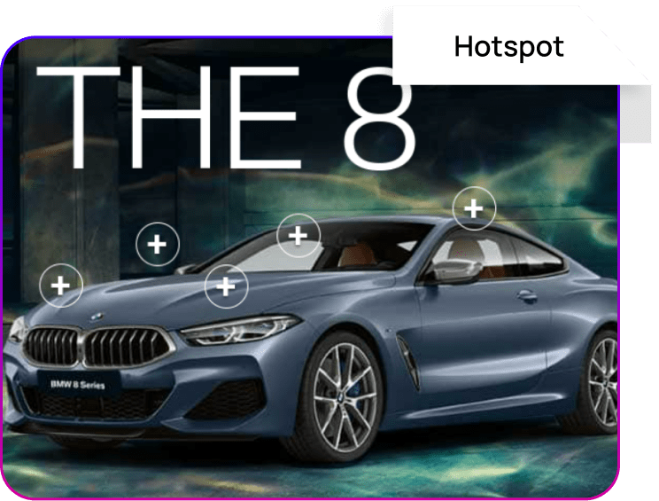 Interactive hotspot ad showcasing a luxury car with clickable feature points.