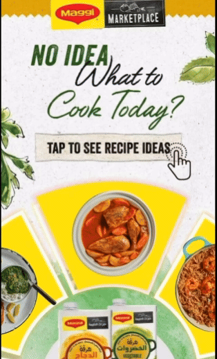 Interactive Maggi spin-the-wheel game featuring food dishes and Maggi products, inviting users to spin and discover meal ideas.