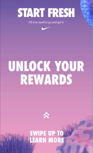 Animated Nike promotional story encouraging users to swipe up to unlock rewards.