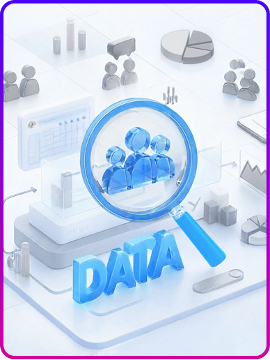 3D illustration of data analysis showing a magnifying glass focusing on user groups within a digital analytics interface.