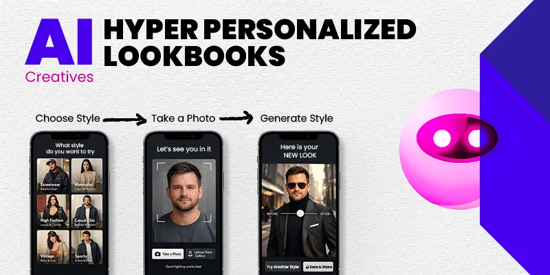 Blueprint AI creatives visual showing a three-step personalized fashion lookbook journey: choose style, take a photo, and generate a new look.