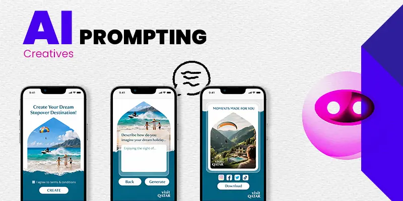 Blueprint AI prompting creative showing a mobile journey where a user describes their dream destination and receives a personalized travel-inspired visual.