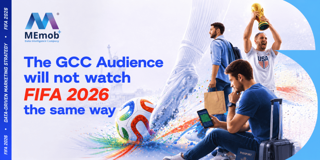 MEmob+ FIFA 2026 GCC marketing banner showing different football fan personas, including a traveller, shopper, mobile user, and celebrating fan, with the message that GCC audiences will not watch FIFA 2026 the same way.