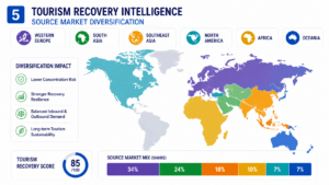 Tourism recovery intelligence infographic showing diversified source markets driving GCC tourism growth, including Western Europe, South Asia, Southeast Asia, North America, Africa, and Oceania. The dashboard highlights a tourism recovery score of 85 out of 100 and demonstrates how geographic diversification strengthens tourism resilience and reduces market concentration risk.