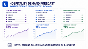 Hospitality demand forecast dashboard showing how aviation activity predicts hotel occupancy across luxury, business, and leisure hospitality segments. The infographic highlights projected occupancy rates of 82% for luxury hospitality, 78% for business hospitality, and 74% for leisure hospitality, based on aviation demand signals and key international source markets.