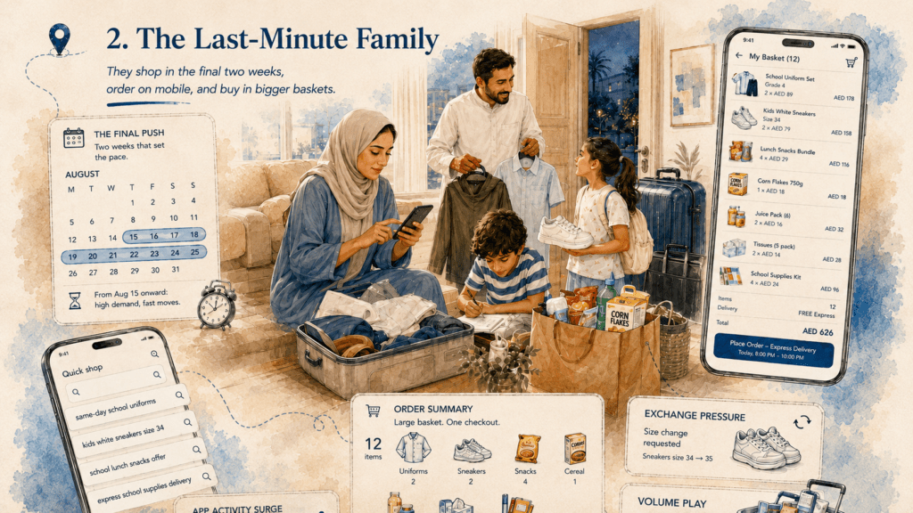 GCC family preparing for back-to-school at the last minute, packing uniforms, shoes, snacks, and supplies while placing a large mobile order during the final August shopping rush.