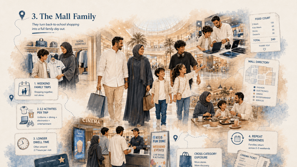 GCC family shopping together in a mall during back-to-school season, visiting school essentials stores, electronics counters, food court, cinema, and family entertainment areas.