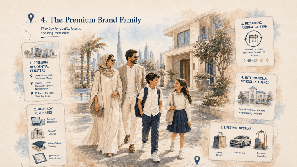 Premium GCC family with school-aged children walking near a luxury residential area, surrounded by visuals of premium school clusters, high-value purchases, international schools, and lifestyle categories.