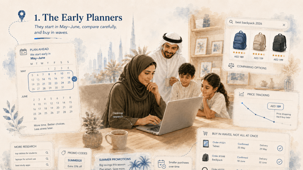GCC family planning back-to-school purchases at home, comparing backpacks and school essentials online while surrounded by calendar, price tracking, promo code, and order timeline visuals.