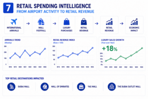 Retail spending intelligence dashboard showing how airport arrivals influence mall footfall, luxury purchases, retail revenue, and overall economic impact across the GCC. The infographic highlights retail demand trends, revenue growth indicators, luxury sales growth of 18%, and key retail destinations including Dubai Mall, Mall of the Emirates, Yas Mall, and The Dubai Outlet Mall.