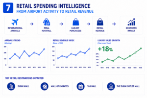 Retail spending intelligence dashboard showing the relationship between international arrivals, mall footfall, luxury purchases, retail revenue, and economic impact across UAE retail destinations including Dubai Mall, Mall of the Emirates, Yas Mall, and Dubai Outlet Mall.