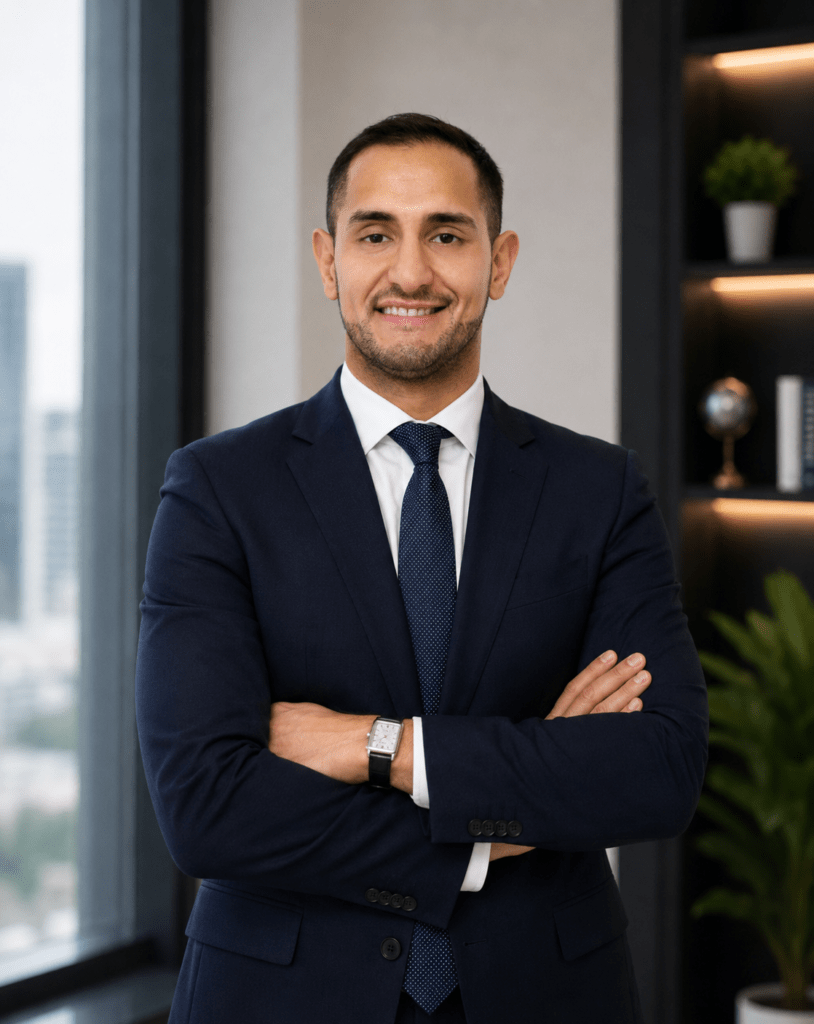 Professional portrait of Ihab El Yaman, CEO and Founder of MEmob, standing with folded arms in a modern office.