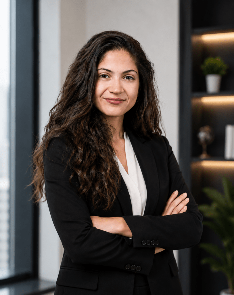 Professional portrait of Sara Naja, Business Director EMEA at MEmob, standing with folded arms in a modern office environment.