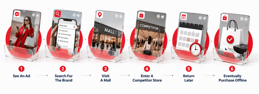 Customer journey showing an ad exposure, brand search, mall visit, competitor store visit, return visit, and eventual offline purchase.