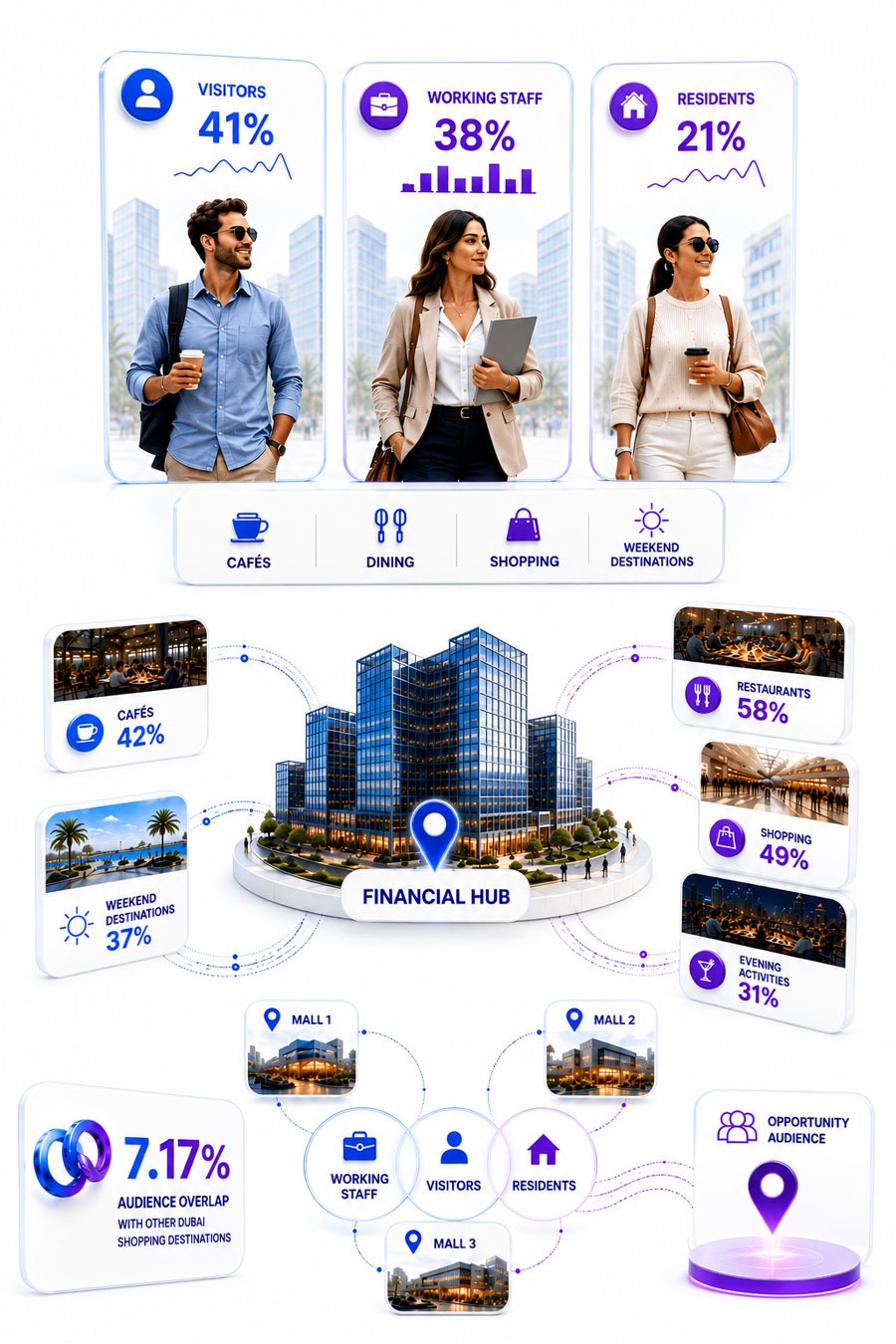 Financial hub audience analysis showing visitors, working staff and residents, destination preferences, lifestyle activity and audience overlap across Dubai.