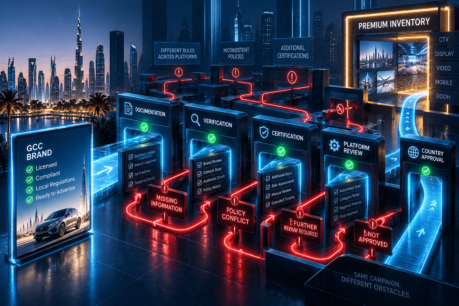 GCC advertising campaign navigating documentation, verification, certification and platform approval barriers before reaching premium programmatic inventory.