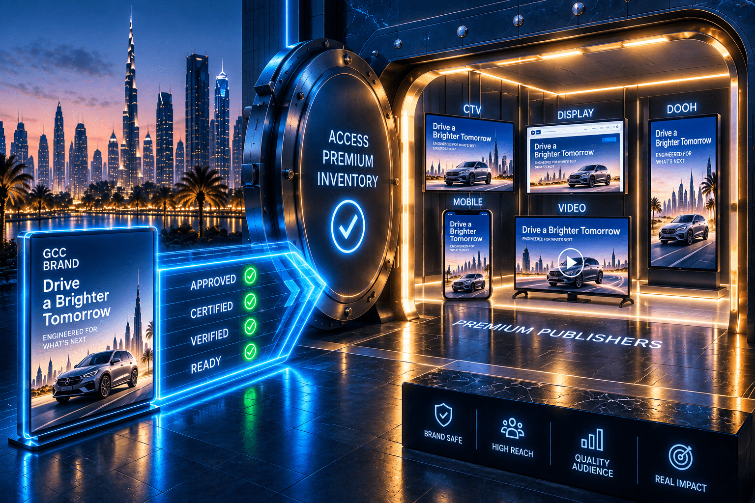 Digital advertising vault opening access to premium CTV, display, mobile, video and DOOH inventory for locally compliant GCC advertisers.