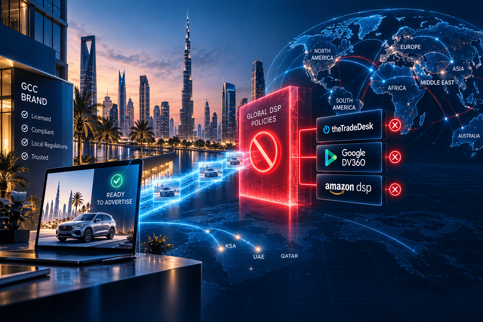 GCC advertiser approved under local regulations encountering global DSP restrictions across The Trade Desk, Google DV360 and Amazon DSP.