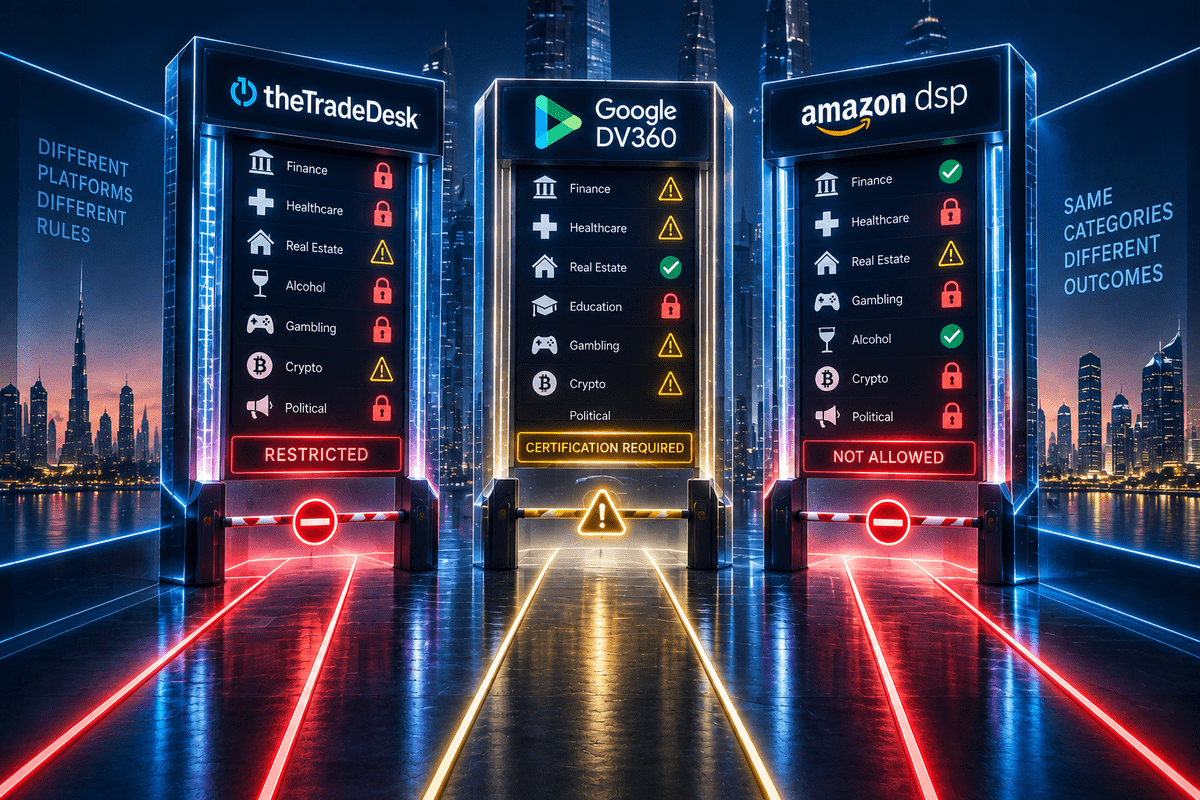 Futuristic comparison of The Trade Desk, Google DV360 and Amazon DSP showing different restrictions, certification requirements and approval rules for advertising categories.